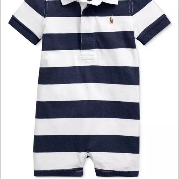 NWT Polo Ralph Lauren Baby Boys Rugby Striped Cotton Shortall MSRP $39.50 Navy - Picture 2 of 4